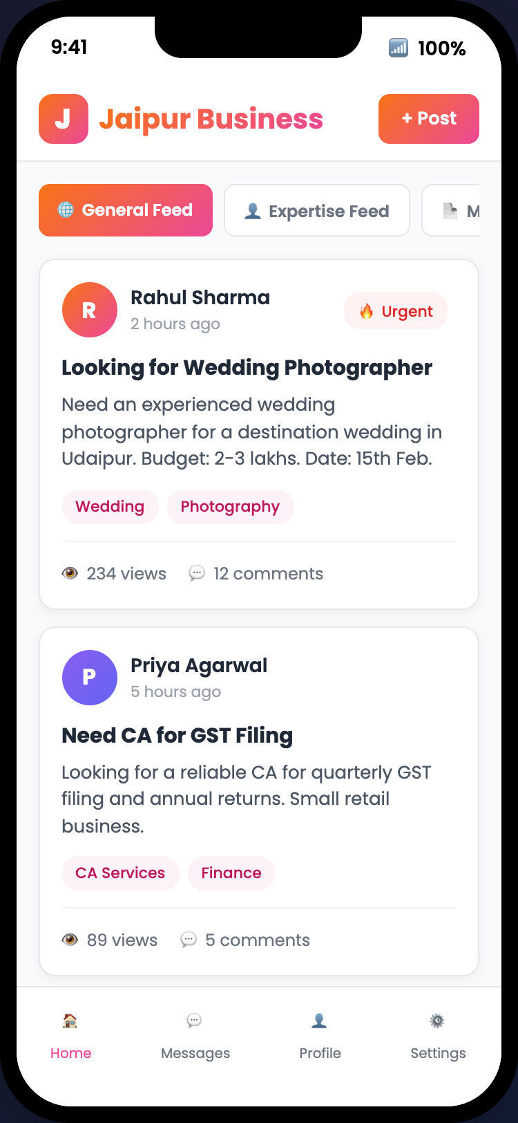 Dashboard feed with General Feed, Expertise Feed, and post listings